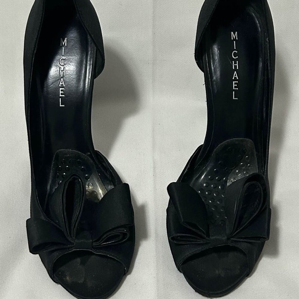 Michael - Black Satin Peep Toe Heels With Bow Accent